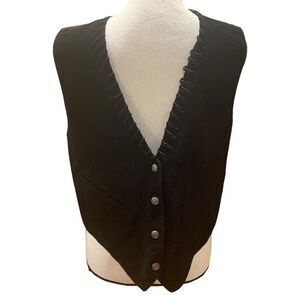 AJ Vintage Vest Leather Whipstitch Lined Silver Buttons Pockets Black Medium Men